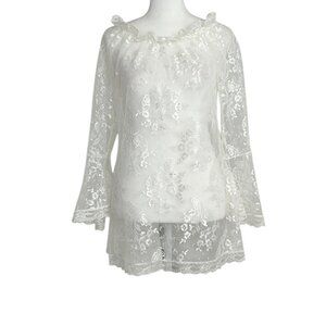 Victoria's Secret Y2K White Sheer Lace Bell Sleeve Ruffle Nightie Lingerie (S)‎